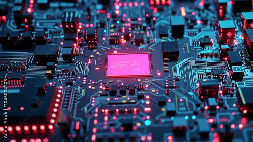 Poster a close-up of a circuit board with red lights illuminating the intricate pathways