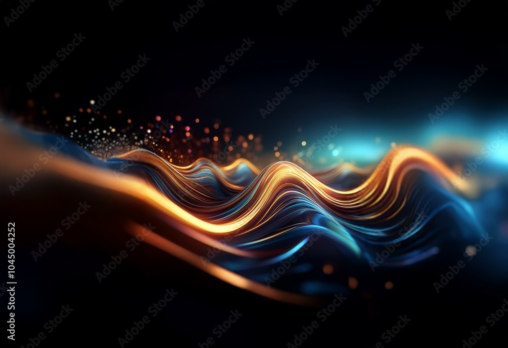 Poster abstract glowing lines form a wave in the dark.