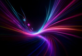 Obraz premium Abstract glowing lines of blue, purple, and pink light flow and converge in the center of the image against a dark background.