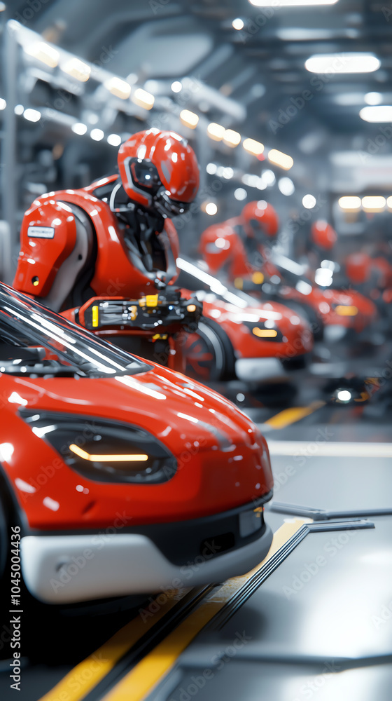 Poster futuristic robotics and automated vehicles in a high-tech garage setting