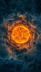 A fiery orb burns brightly within a swirling vortex of dark smoke, creating a captivating abstract image.
