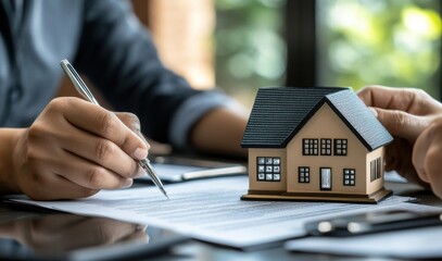 Fototapeta premium Signing property documents with a miniature house model at a desk during a real estate transaction