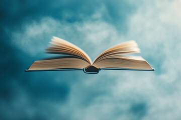 An open book displays an empty volume floating in the air