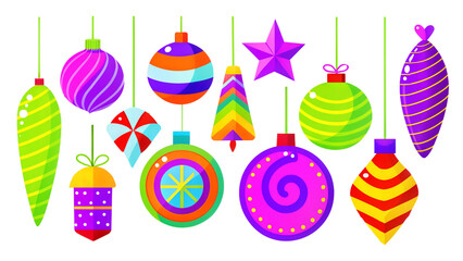 Festive Christmas decorations illustration set, isolated on white. Christmas tree balls