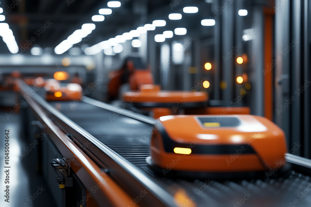 Poster automated logistics the future of industrial efficiency with smart robots on conveyor systems