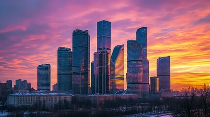 Fototapeta premium Aerial view of a city skyline at dusk with vibrant pink and orange sky.