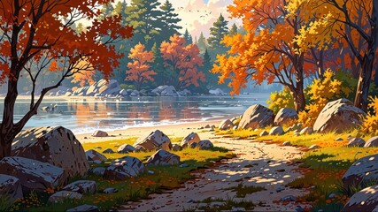 Autumn landscape of the forest on the shore