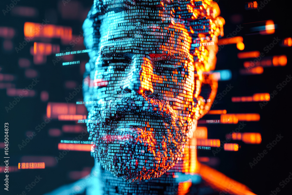 Poster a digital representation of a bearded man composed of code-like patterns and illuminated by striking