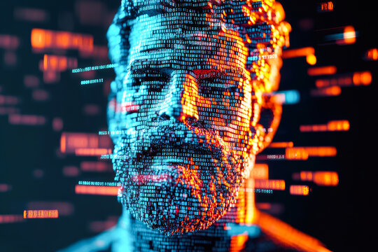 A digital representation of a bearded man composed of code-like patterns and illuminated by striking lights, merging tech imagery with classic human features.