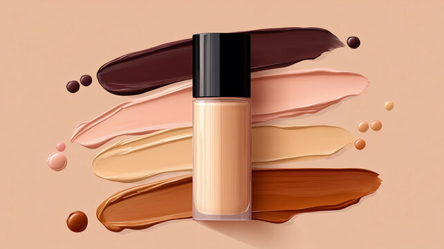 Color palette for liquid foundation with tubes of cosmetic cream for makeup or beauty product advertising