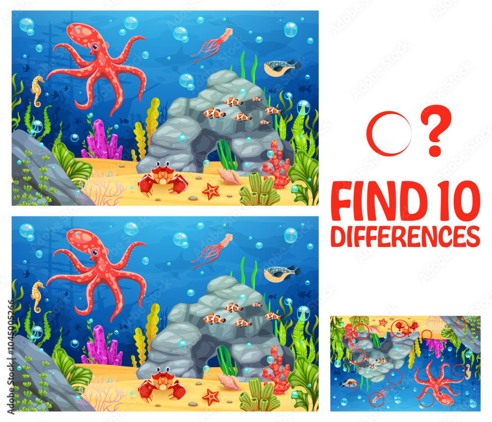 Poster find ten differences between sea animals at underwater landscape, vector worksheet. kids game to fin
