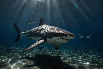 Fototapeta premium Majestic Great White Shark Gliding Through Deep Blue Waters