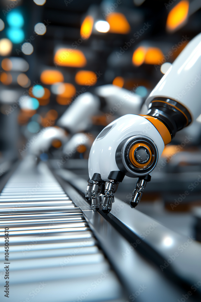 Poster innovative automation robotic arm in action on an assembly line for enhanced manufacturing efficienc