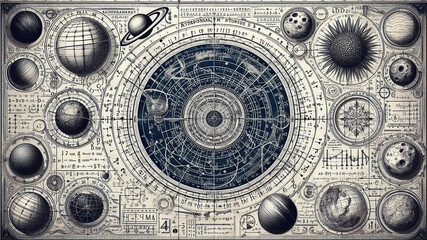 Fototapeta premium A detailed vintage-style hand-drawn illustration engraved with astronomical charts.