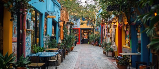 Obraz premium A narrow, cobblestone street lined with colorful buildings, shops, and cafes.