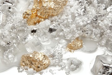 Close-up of gold and silver flakes on a white surface, creating an abstract, sparkling texture.
