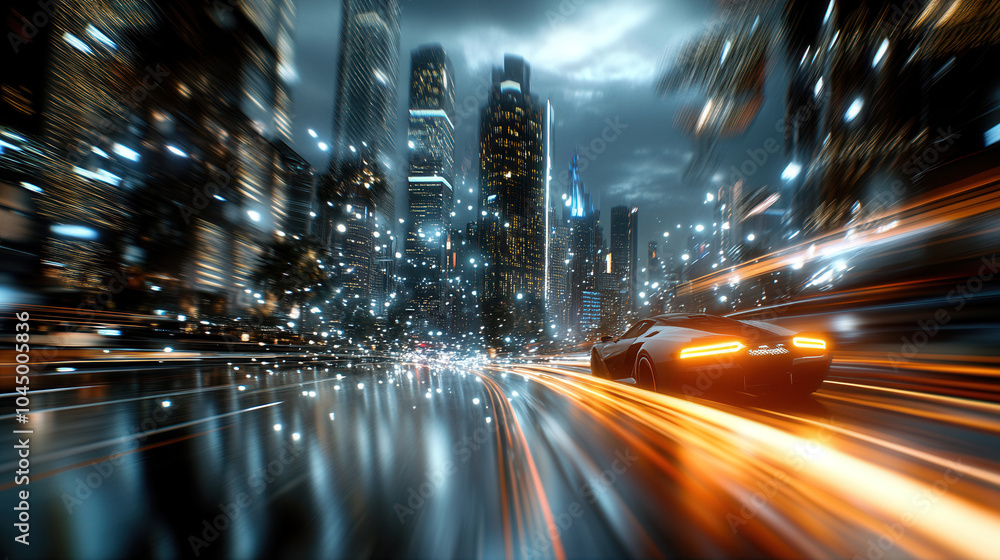 Poster sleek car slides through neon lit cityscape, leaving trails of light in its wake. vibrant urban envi