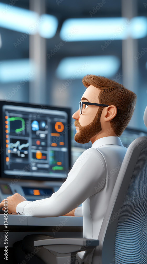 Poster focused professional working on advanced data analysis in a modern office environment