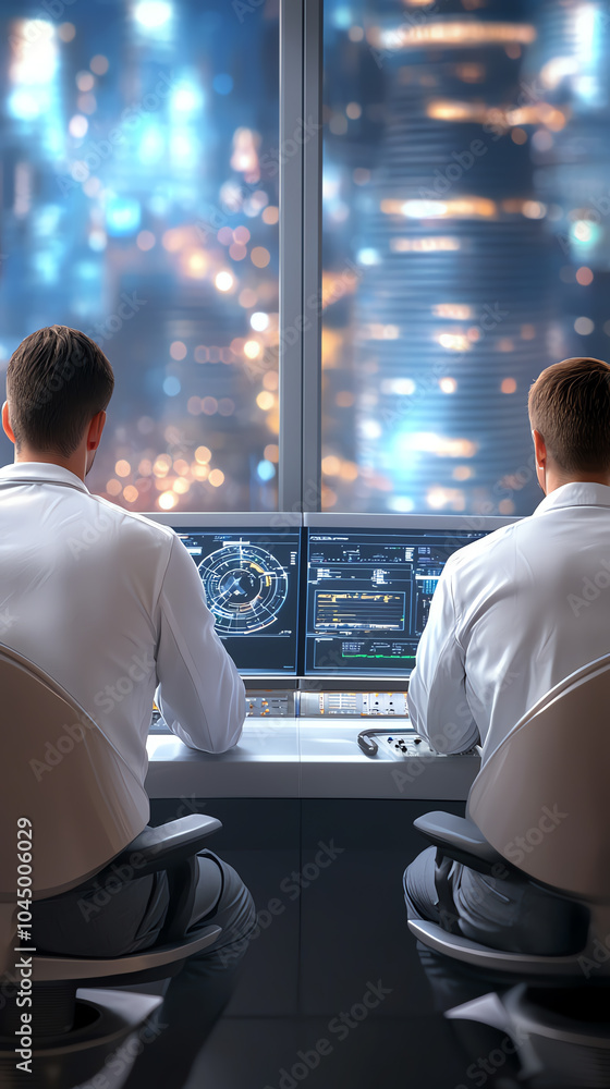 Poster exploring the future a glimpse into technology and collaboration in a modern control room