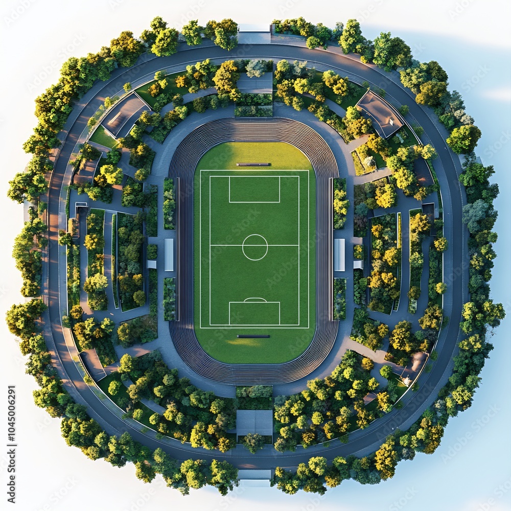 Poster top view 3d render of spacious outdoor sports arena with a large open field and segmented seating ar