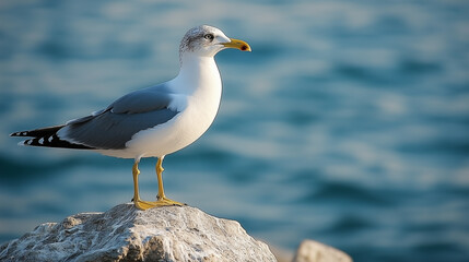 Obraz premium A seagull stands on a rock against the backdrop of the sea.