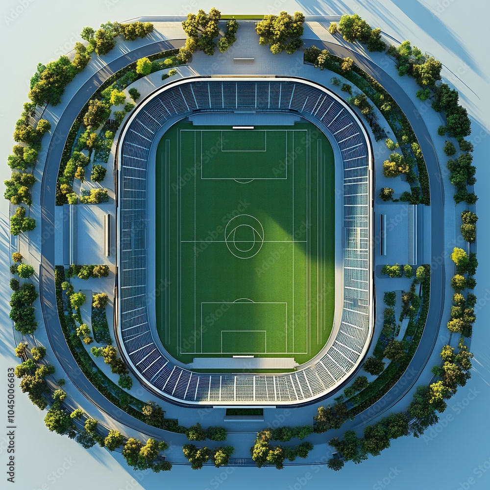 Poster top view 3d render of spacious outdoor sports arena with a large open field and segmented seating ar
