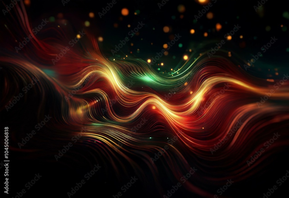 Aufkleber Wavy lines of red and yellow light weave through a dark space filled with glowing particles.