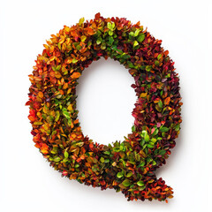 Alphabet letter Q made of fall leaves, flowers. berries. Vibrant autumn colours. White clean background. Generative AI