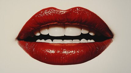 Obraz premium Red Glossy Lips With White Teeth Realistic Close-Up Photography