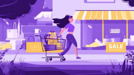 Woman shopping during sale with full cart