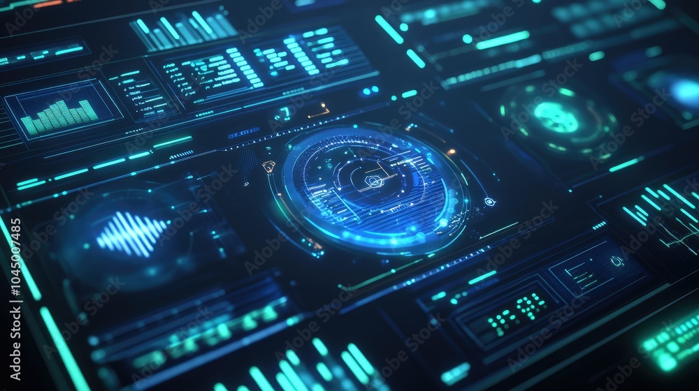 Poster glowing blue and neon green hud interface elements with futuristic symbols and data visualizations