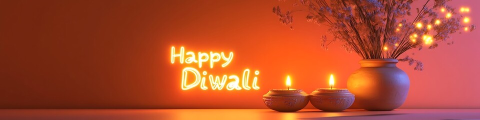 Happy Diwali Neon Light Text on Orange Background