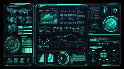 Obraz premium Glowing blue and neon green HUD interface elements with futuristic symbols and data visualizations