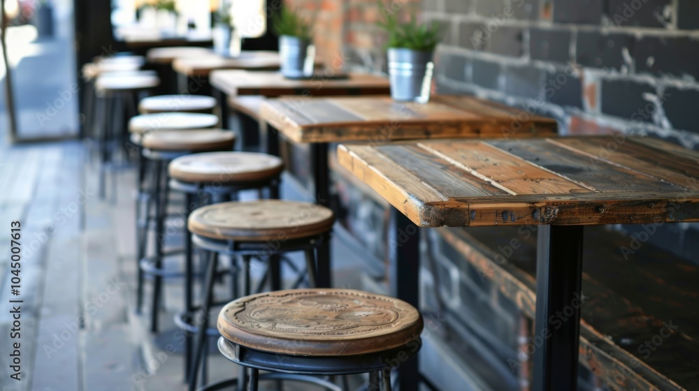 Poster a row of high tables and stools for a quick and casual dining experience.