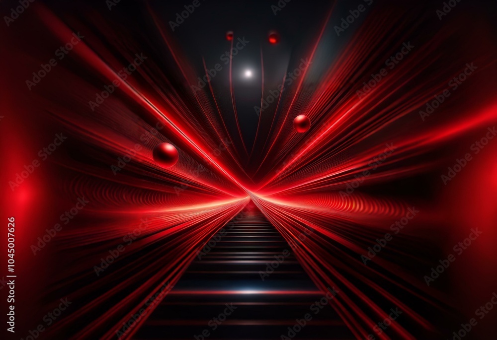Poster red streaks of light converge at the end of a staircase in a dark space.