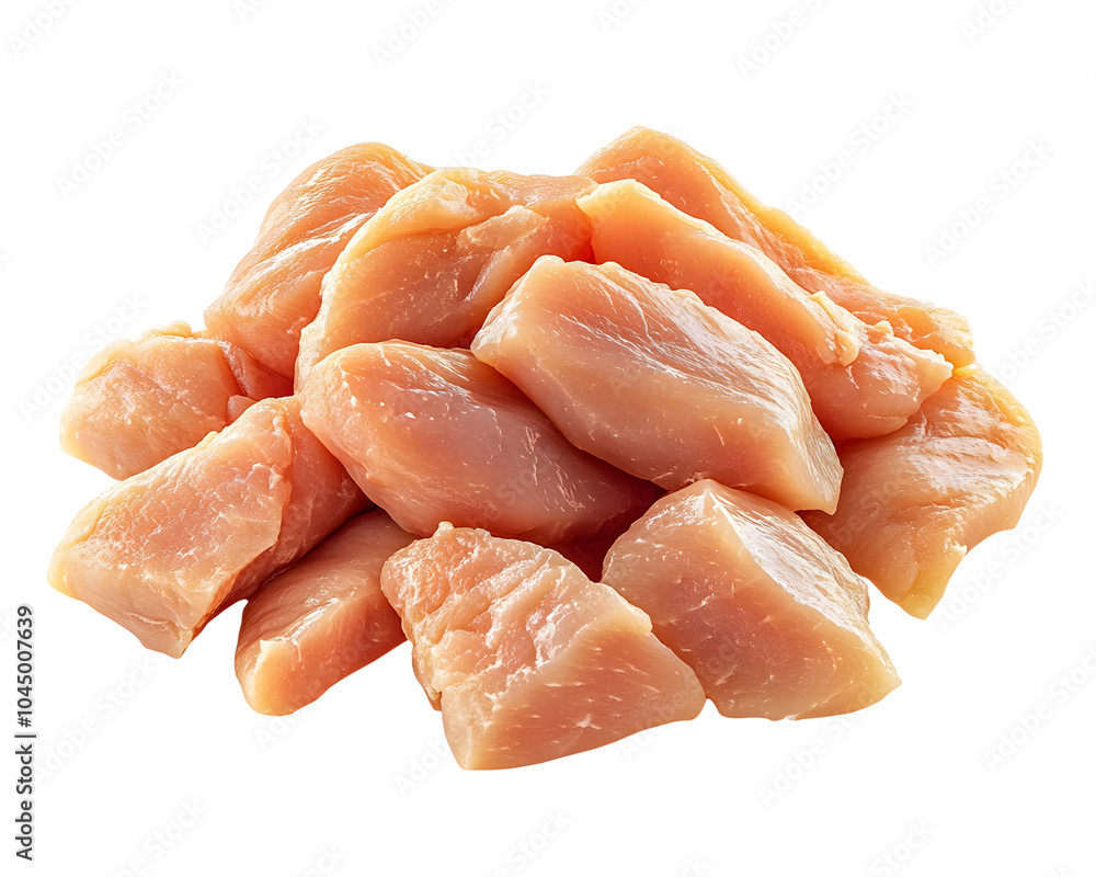 Poster raw chicken fillet chunks isolated on white background with clipping path