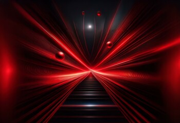 Red streaks of light converge at the end of a staircase in a dark space.