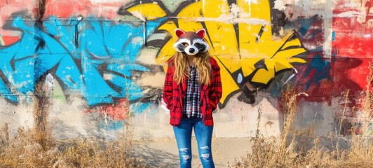 A person wearing a raccoon mask stands in front of a vibrant graffiti wall on a sunny day. Quadrobics, all fours activity and quads subculture concept