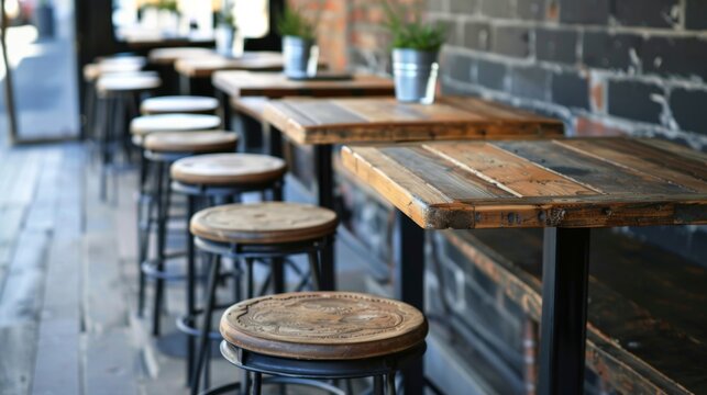 A row of high tables and stools for a quick and casual dining experience.