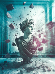 Obraz premium An age-old bust surrounded by floating, disintegrating blocks, merging traditional sculpture with contemporary digital deconstruction and dynamic visual energy.