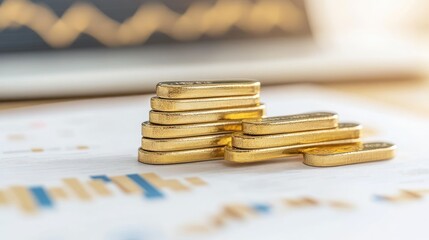 Golden bars stacked beside a rising financial stock diagram symbolizing capital growth and investment value