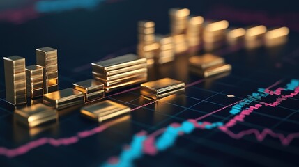 Golden bars stacked beside a rising financial stock diagram symbolizing capital growth and investment value