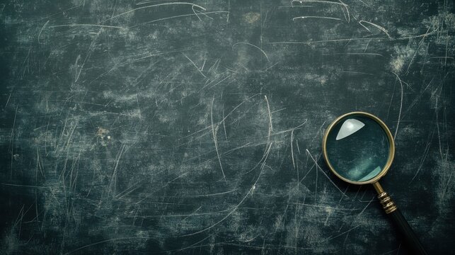 Lightly marked chalkboard with a magnifying glass and pencil on opposite sides, leaving the center clear for a title.