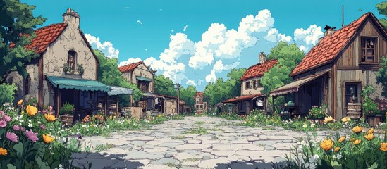 Fototapeta premium A picturesque village street with cobblestone road, lined with charming houses, lush greenery, and a sunny blue sky.
