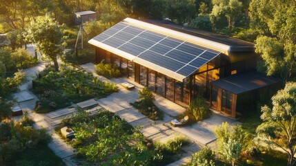 High-end restaurant with solar-powered roof and locally grown produce garden, promoting sustainability.