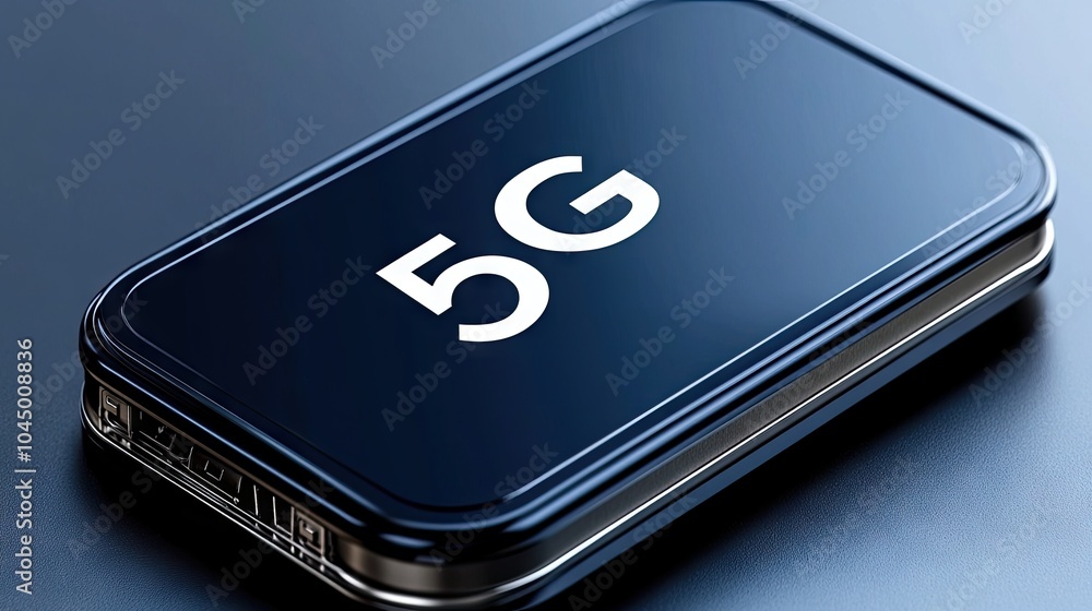 Poster a hyper-realistic sim card with 5g text prominently displayed in isometric view against a sleek back