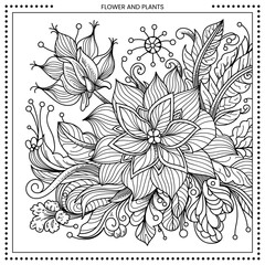 Flower illustration. High detail of line drawing. Black and white. Fit for coloring book, cover, background, element, poster, banner, tattoo, wall painting. Vector Eps 10.
