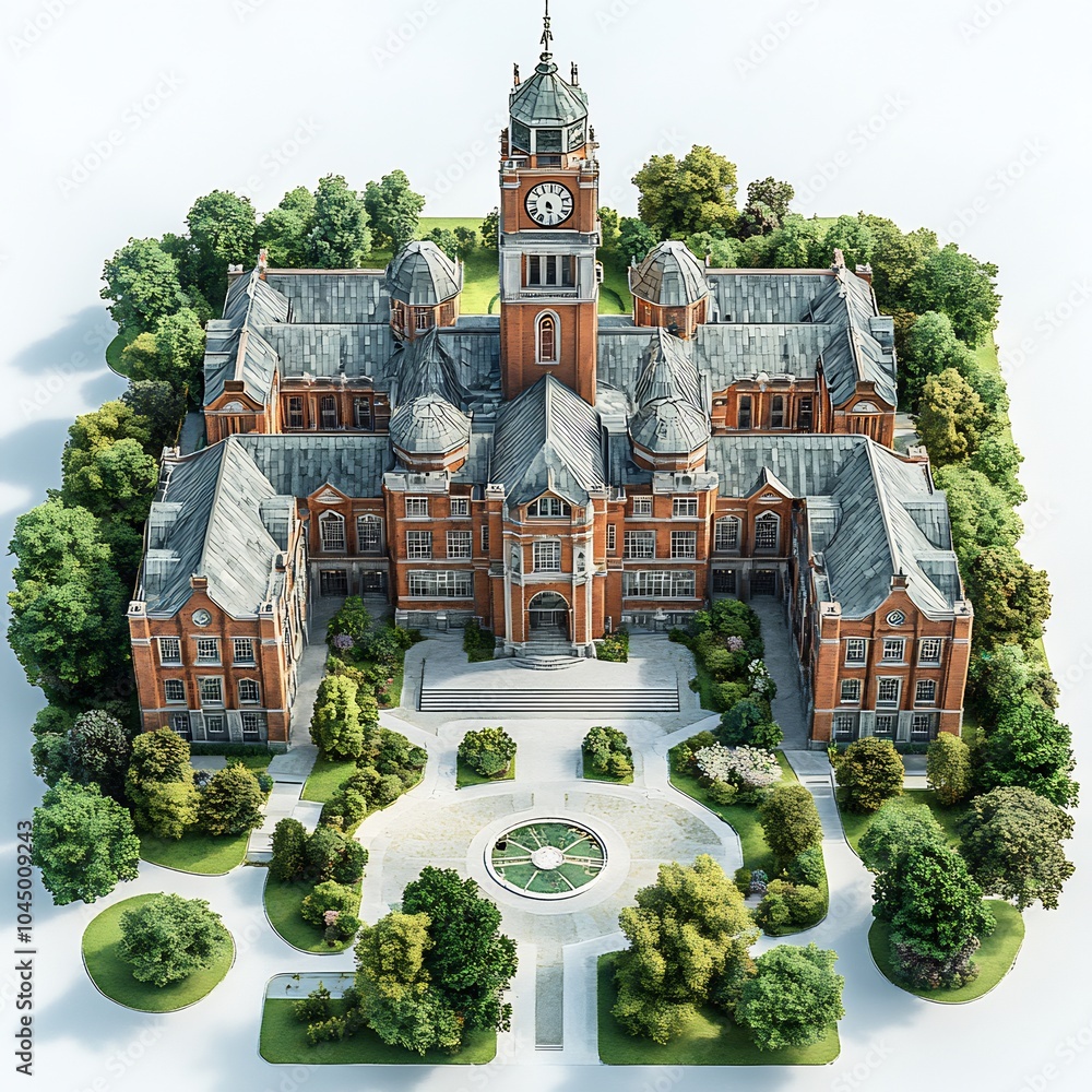 Aufkleber top view 3d render of traditional redbrick school building with a towering clock nestled within a la