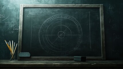 Chalkboard with subtle chalk marks, a pencil case and protractor on opposite sides, leaving room for a title in the center.