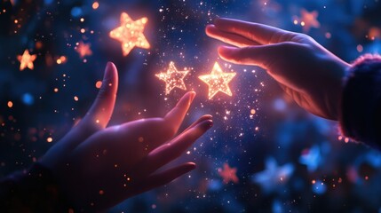 Hand placing the fifth star in a positive review rating, with all stars glowing brightly on a screen